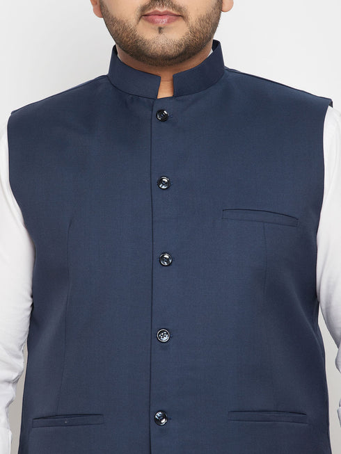 Men's Plus Size Blue Cotton Blend Nehru Jacket