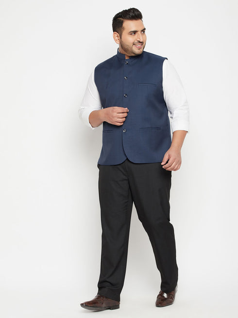 Men's Plus Size Blue Cotton Blend Nehru Jacket