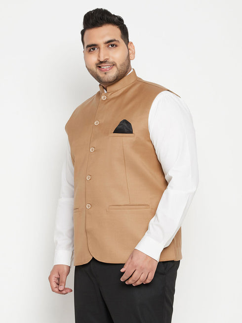 Men's Plus Size Chiku Brown Cotton Blend Nehru Jacket