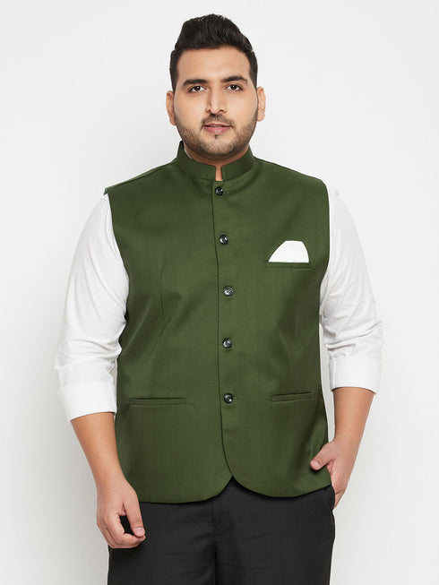 Men's Plus Size Green Cotton Blend Nehru Jacket