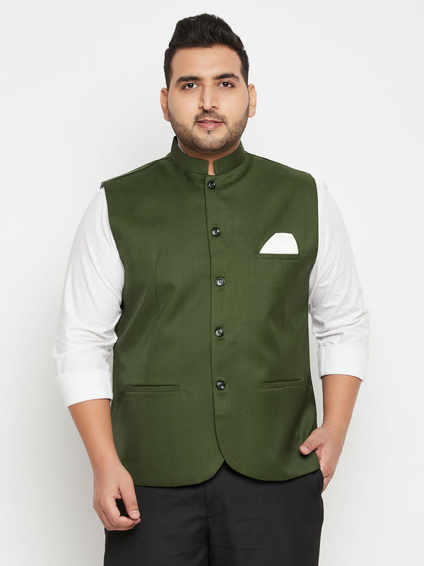 Men's Plus Size Green Cotton Blend Nehru Jacket