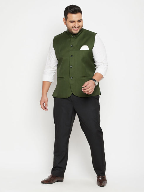 Men's Plus Size Green Cotton Blend Nehru Jacket