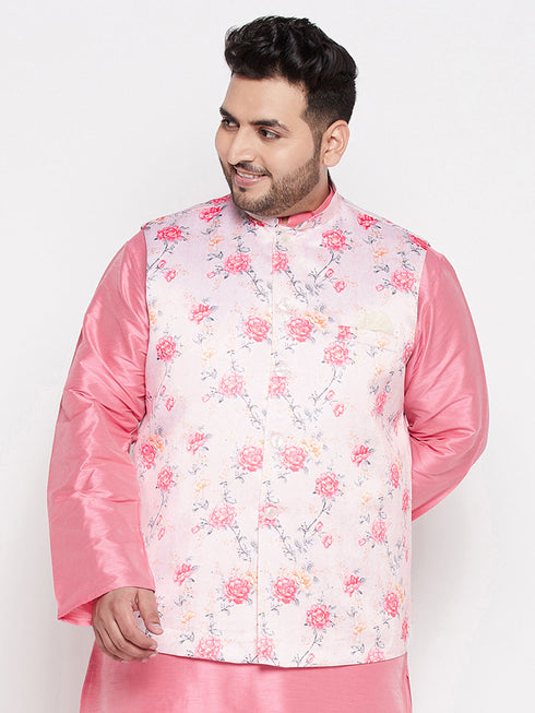 Men's Plus Size Peach Floral Print Silk Blend Nehru Jacket