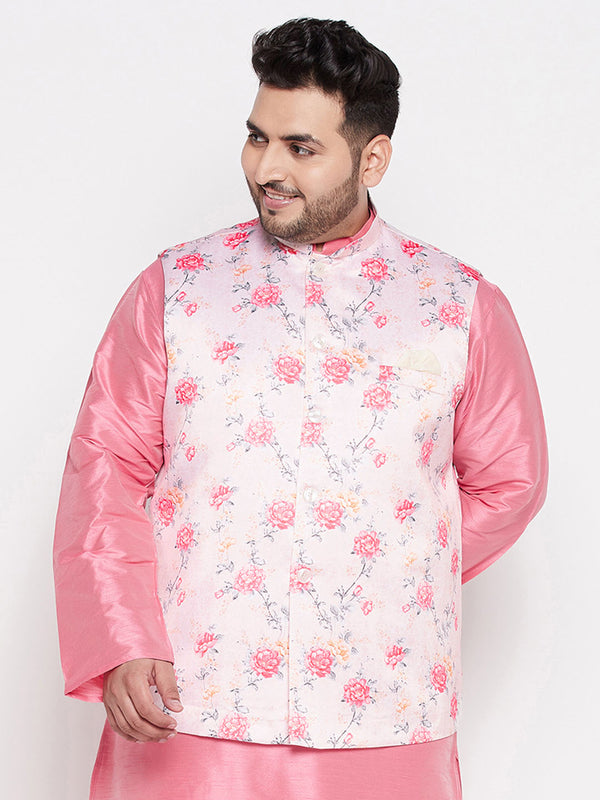 Men's Plus Size Peach Floral Print Silk Blend Nehru Jacket