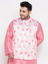Men's Plus Size Peach Floral Print Silk Blend Nehru Jacket