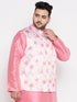 Men's Plus Size Peach Floral Print Silk Blend Nehru Jacket