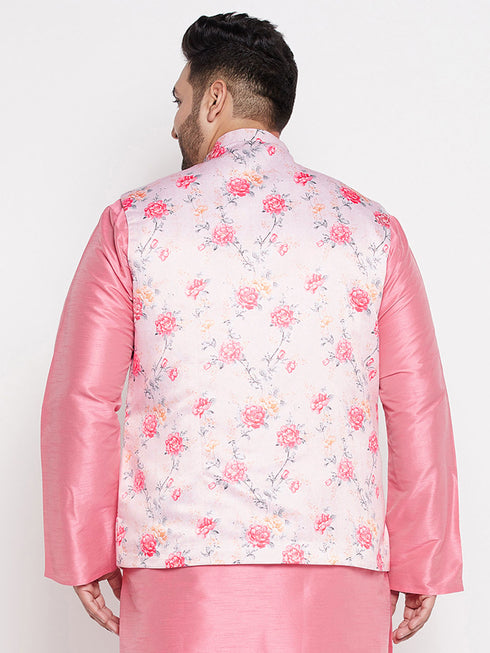 Men's Plus Size Peach Floral Print Silk Blend Nehru Jacket
