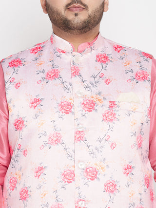 VASTRAMAY Men's Plus Size Peach Floral Print Silk Blend Nehru Jacket