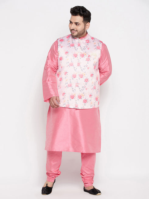 Men's Plus Size Peach Floral Print Silk Blend Nehru Jacket