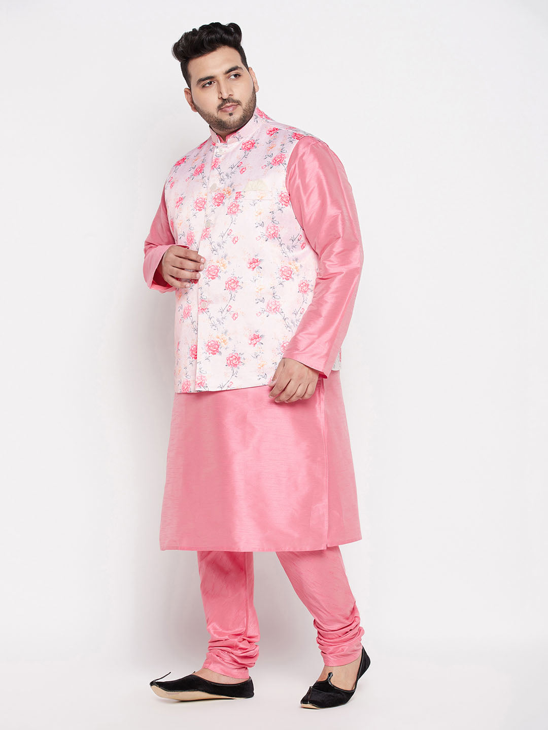 Men's Plus Size Peach Floral Printed Jacket With Pink Solid Kurta Pyjama Set