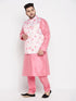 Men's Plus Size Peach Floral Printed Jacket With Pink Solid Kurta Pyjama Set