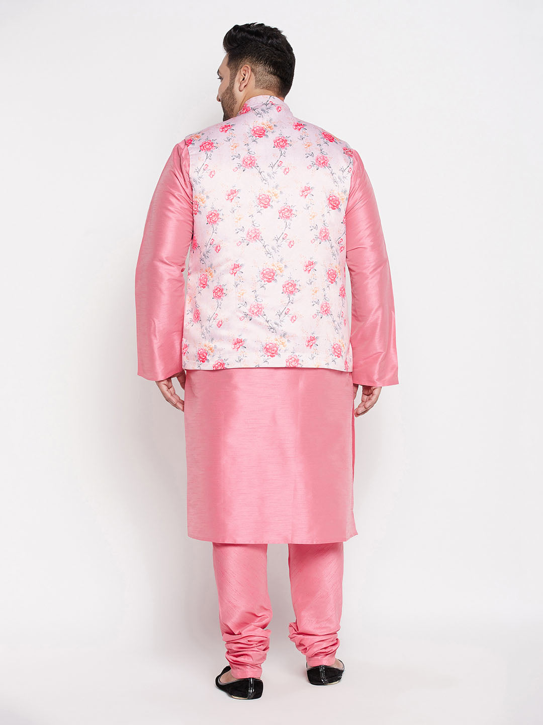 Men's Plus Size Peach Floral Printed Jacket With Pink Solid Kurta Pyjama Set