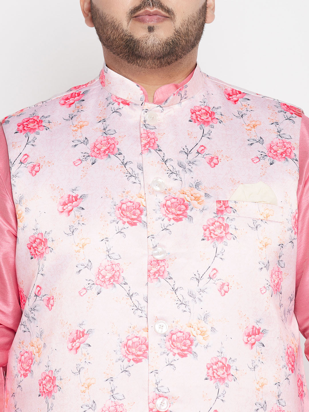 Men's Plus Size Peach Floral Printed Jacket With Pink Solid Kurta Pyjama Set