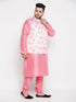 Men's Plus Size Peach Floral Printed Jacket With Pink Solid Kurta Pyjama Set
