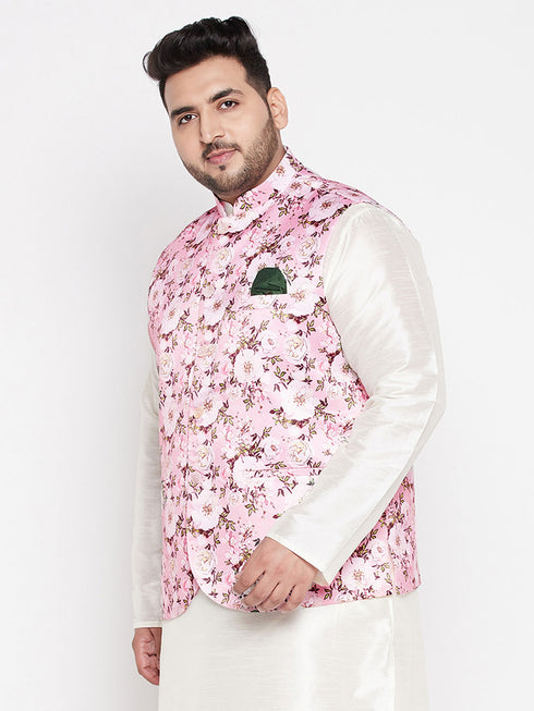 Men's Plus Size Pink Floral Print Silk Blend Nehru Jacket