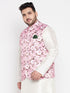Men's Plus Size Pink Floral Print Silk Blend Nehru Jacket