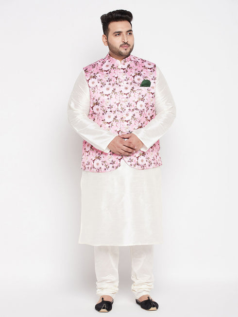 Men's Plus Size Pink Floral Print Silk Blend Nehru Jacket