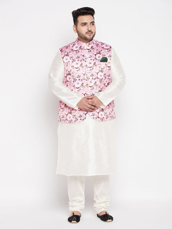 Men's Plus Size Pink Floral Printed Jacket With Cream Solid Kurta Pyjama Set