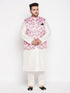Men's Plus Size Pink Floral Printed Jacket With Cream Solid Kurta Pyjama Set