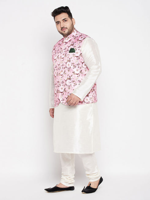Men's Plus Size Pink Floral Printed Jacket With Cream Solid Kurta Pyjama Set