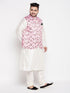 Men's Plus Size Pink Floral Printed Jacket With Cream Solid Kurta Pyjama Set