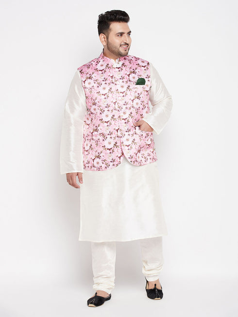 Men's Plus Size Pink Floral Printed Jacket With Cream Solid Kurta Pyjama Set