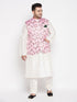 Men's Plus Size Pink Floral Printed Jacket With Cream Solid Kurta Pyjama Set