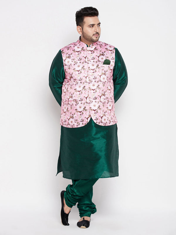 Men's Plus Size Pink Floral Printed Jacket With Green Solid Kurta Pyjama Set