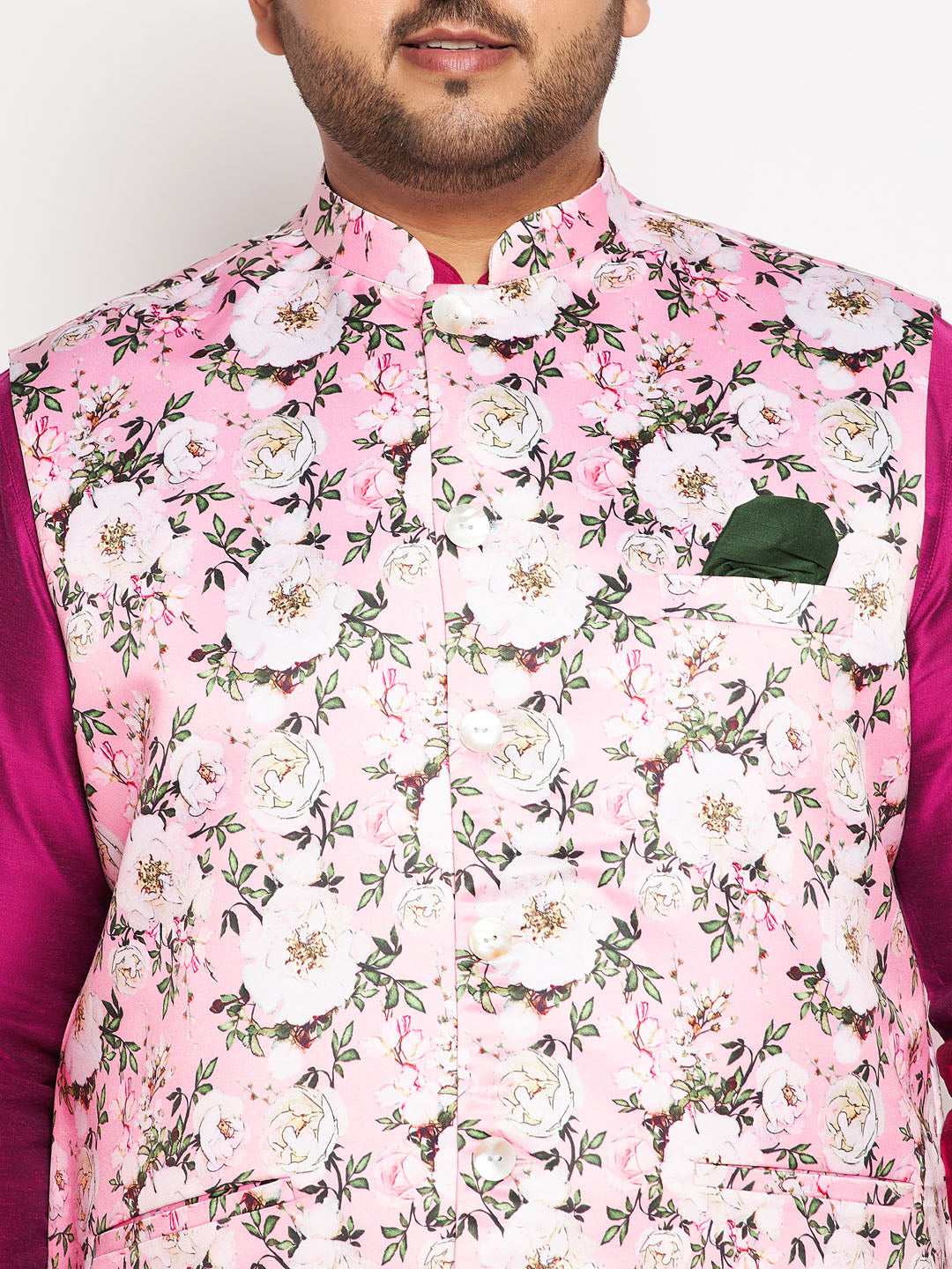 Men's Plus Size Pink Floral Printed Jacket With Fuchsia Solid Kurta Pyjama Set