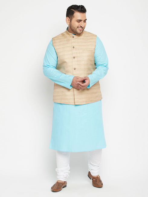 Men's Plus Size Aqua And Beige Cotton Blend Jacket Kurta Pyjama Set