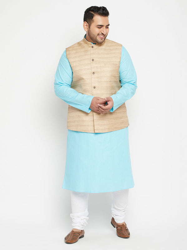 Men's Plus Size Aqua And Beige Cotton Blend Jacket Kurta Pyjama Set