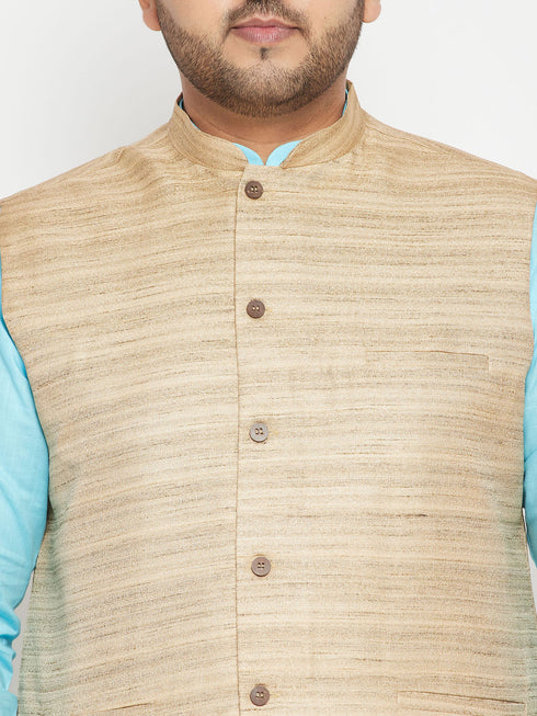 Men's Plus Size Aqua And Beige Cotton Blend Jacket Kurta Pyjama Set