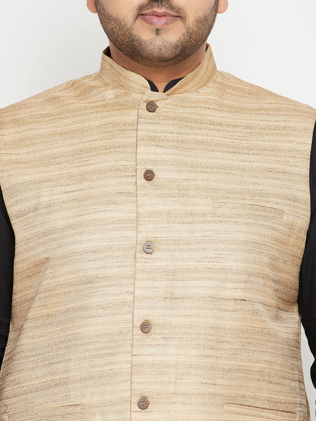 Men's Plus Size Black And Beige Cotton Blend Jacket Kurta Pyjama Set