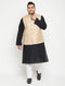 Men's Plus Size Black And Beige Cotton Blend Jacket Kurta Pyjama Set