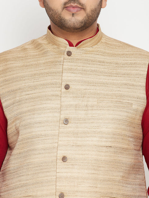 Men's Plus Size Maroon And Beige Cotton Blend Jacket Kurta Pyjama Set