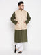 Men's Plus Size Beige Solid Jacket With Mint Green Solid Kurta And White Pyjama Set