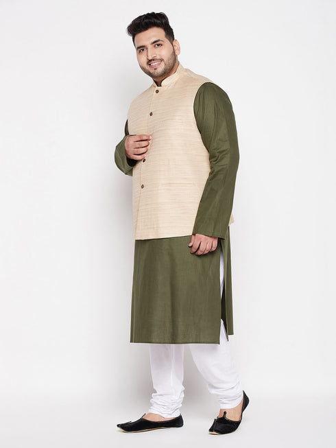 Men's Plus Size Beige Solid Jacket With Mint Green Solid Kurta And White Pyjama Set