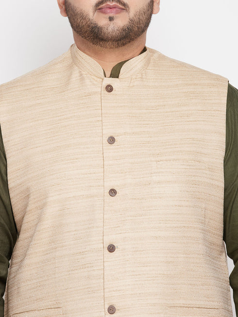 Men's Plus Size Beige Solid Jacket With Mint Green Solid Kurta And White Pyjama Set
