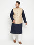 Men's Plus Size Navy Blue And Beige Cotton Blend Jacket Kurta Pyjama Set