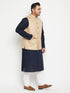 Men's Plus Size Navy Blue And Beige Cotton Blend Jacket Kurta Pyjama Set
