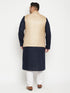Men's Plus Size Navy Blue And Beige Cotton Blend Jacket Kurta Pyjama Set