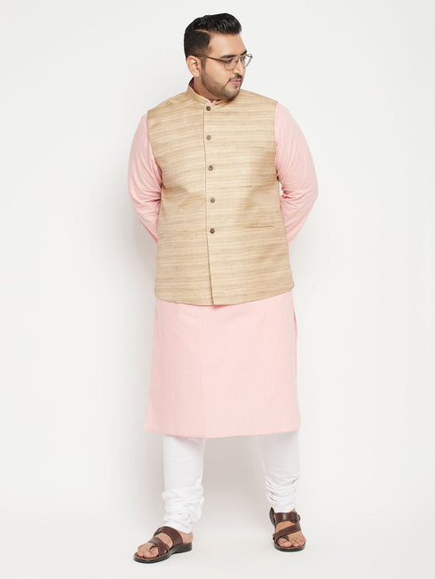Men's Plus Size Pink Kurta And White Pyjama Set With Beige Nehru Jacket