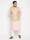 Men's Plus Size Pink Kurta And White Pyjama Set With Beige Nehru Jacket