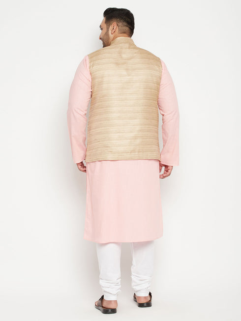 Men's Plus Size Pink Kurta And White Pyjama Set With Beige Nehru Jacket