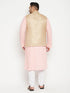 Men's Plus Size Pink Kurta And White Pyjama Set With Beige Nehru Jacket