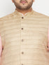 Men's Plus Size Pink Kurta And White Pyjama Set With Beige Nehru Jacket