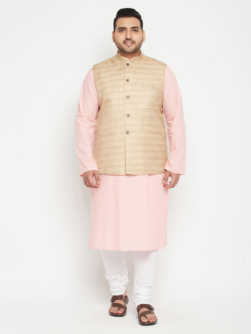 Men's Plus Size Pink Kurta And White Pyjama Set With Beige Nehru Jacket