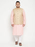 Men's Plus Size Pink Kurta And White Pyjama Set With Beige Nehru Jacket