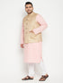 Men's Plus Size Pink Kurta And White Pyjama Set With Beige Nehru Jacket