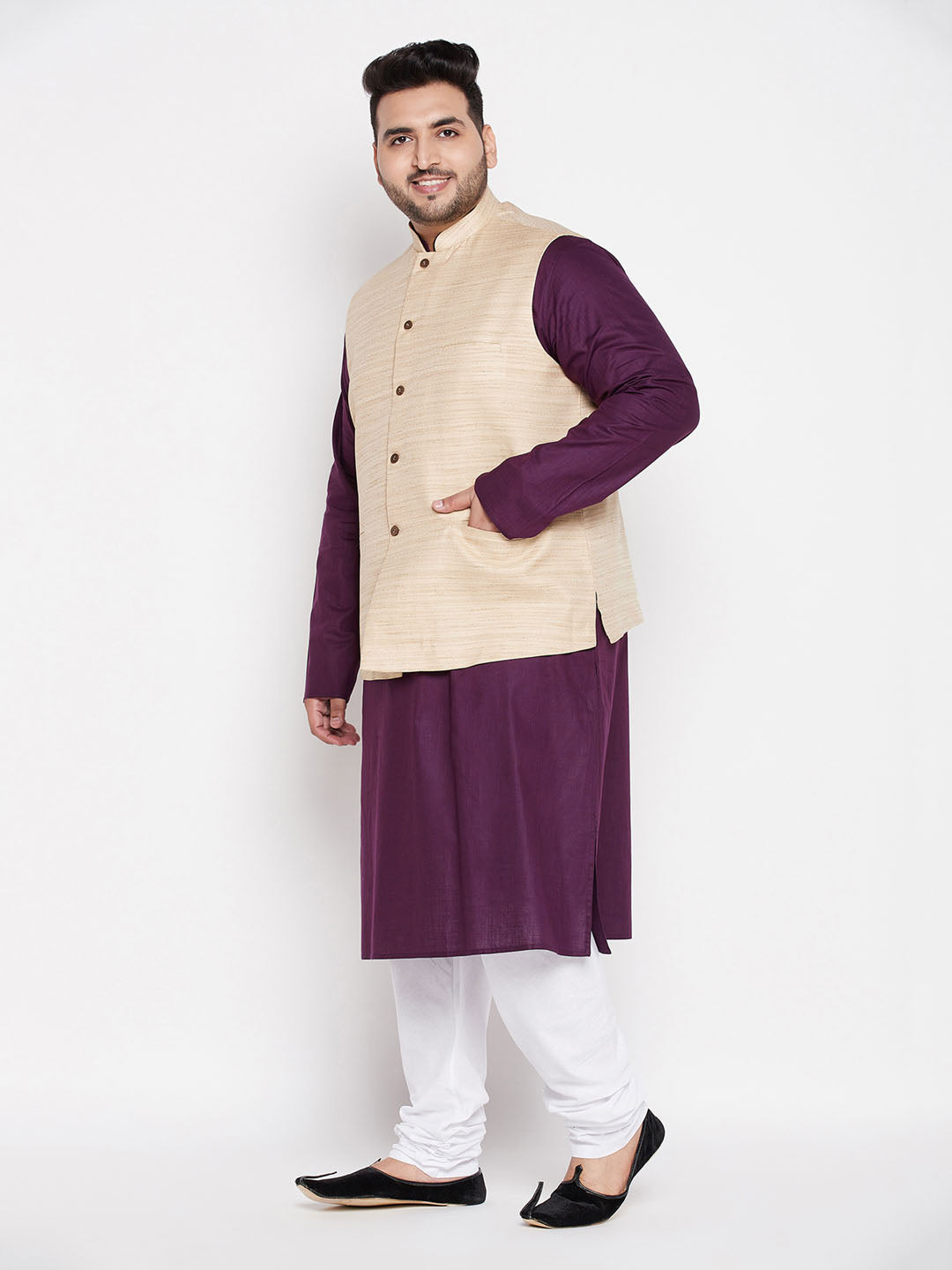 Men's Plus Size Beige Solid Jacket With Purple Solid Kurta And White Pyjama Set